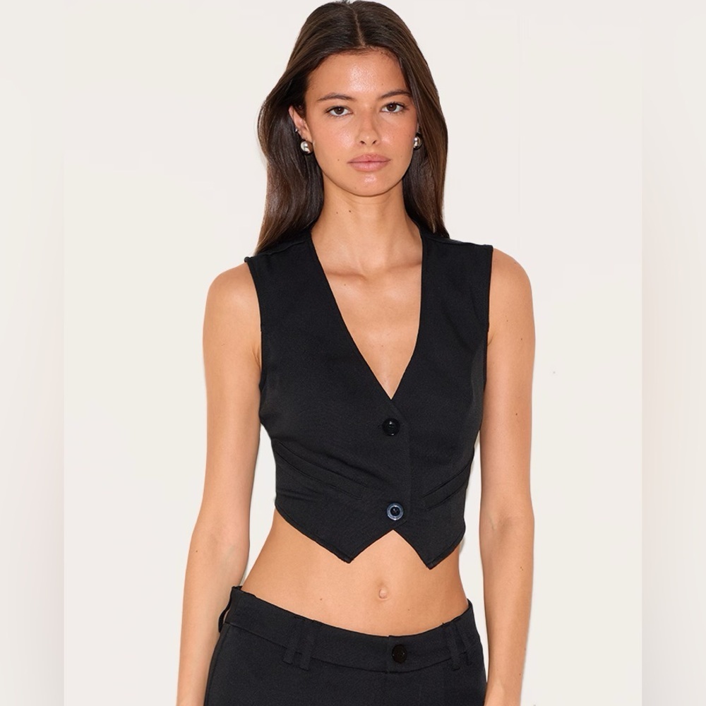 Deep Black Woven Belted Back Detail Suit Vest
